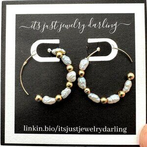 Womens Earrings 14K Yellow Gold Seed Pearl One Inch Hoop Pierced Gift Idea